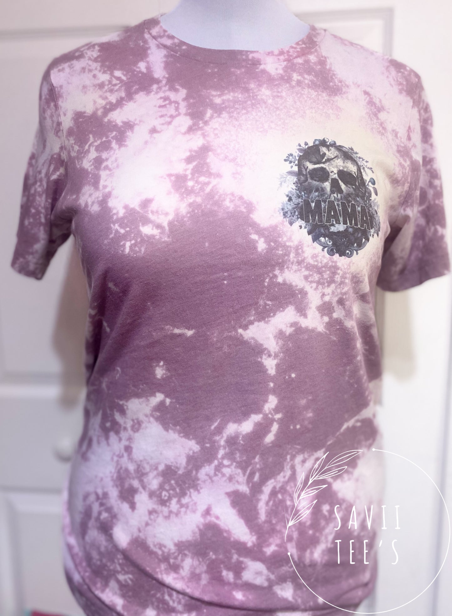 Mama of Mayhem bleached tee front and back