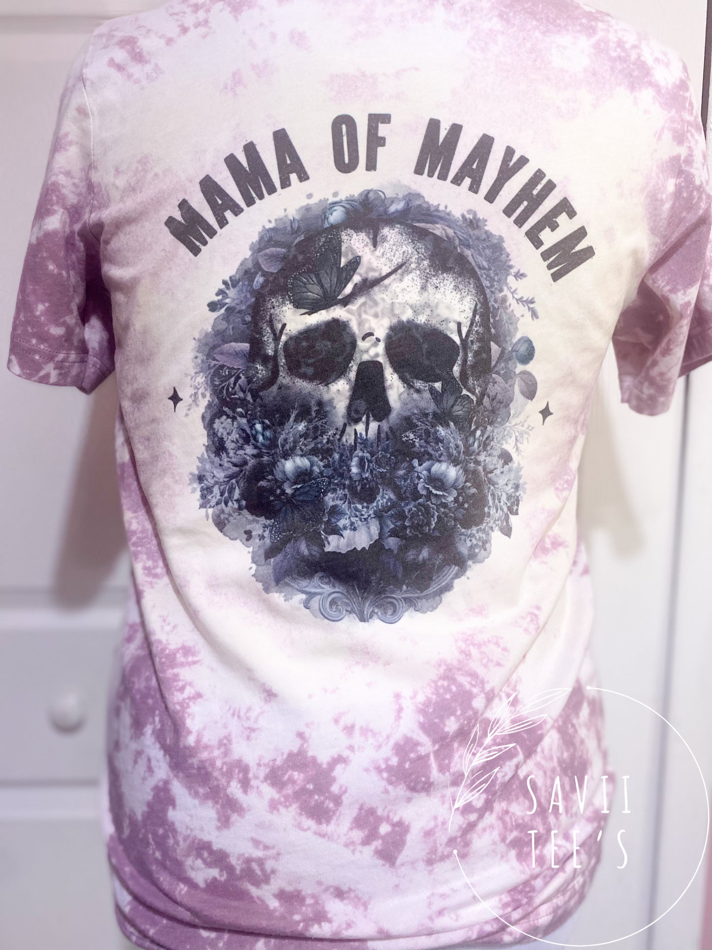 Mama of Mayhem bleached tee front and back